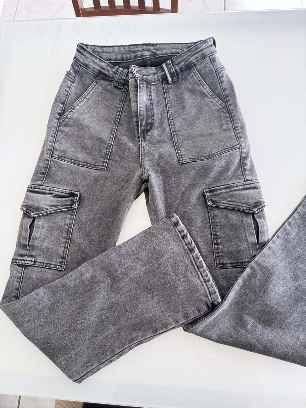 Women’s High Rise Stretch Cargo Jeans Gray Acid Wash Size M 7/8